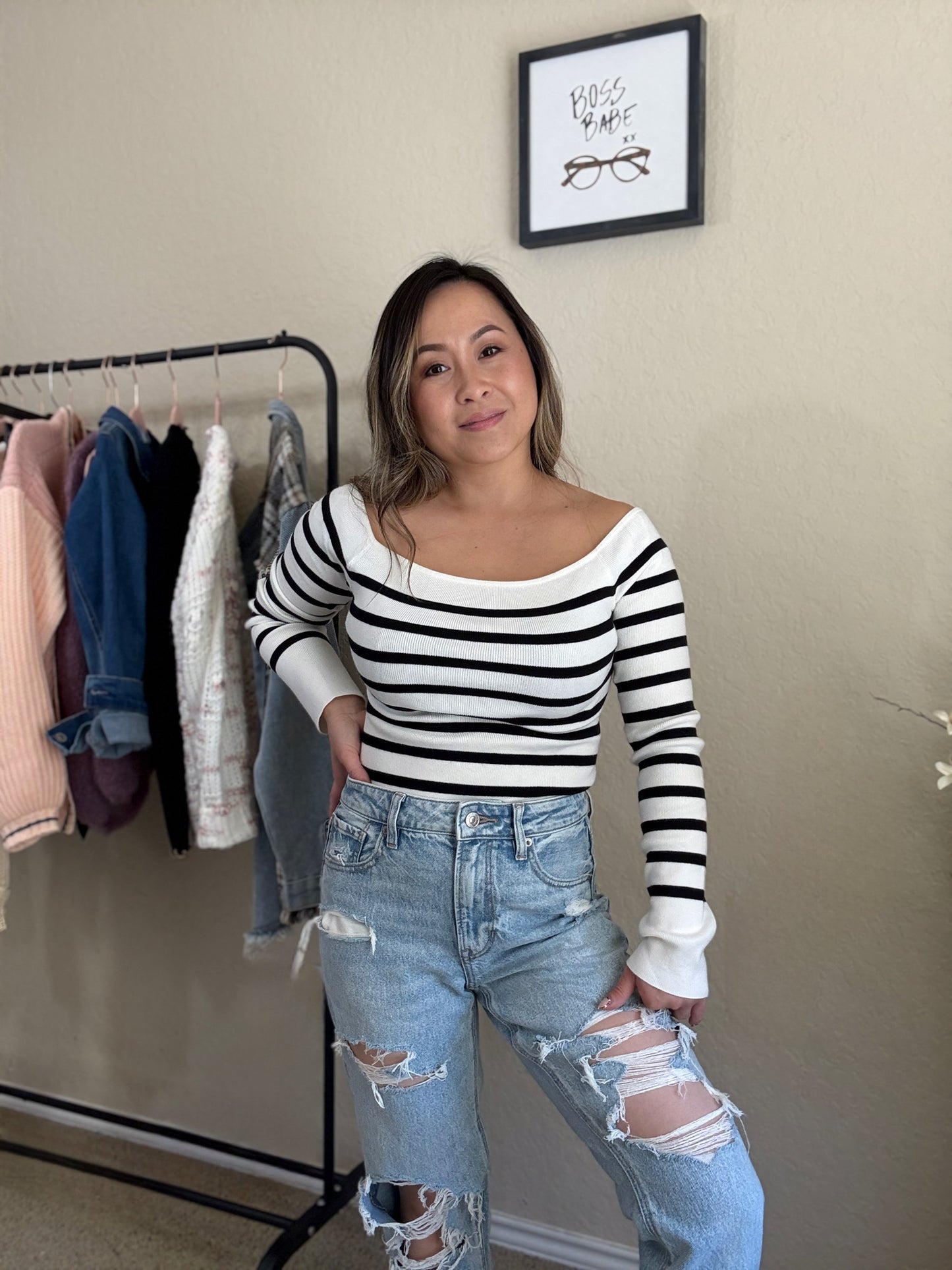 Bella Striped Off-Shoulder Sweater - Black & White