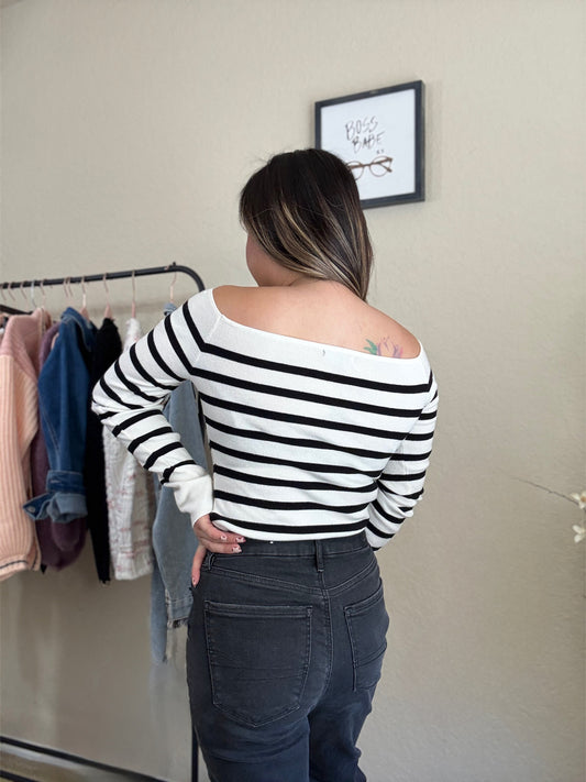Bella Striped Off-Shoulder Sweater - Black & White