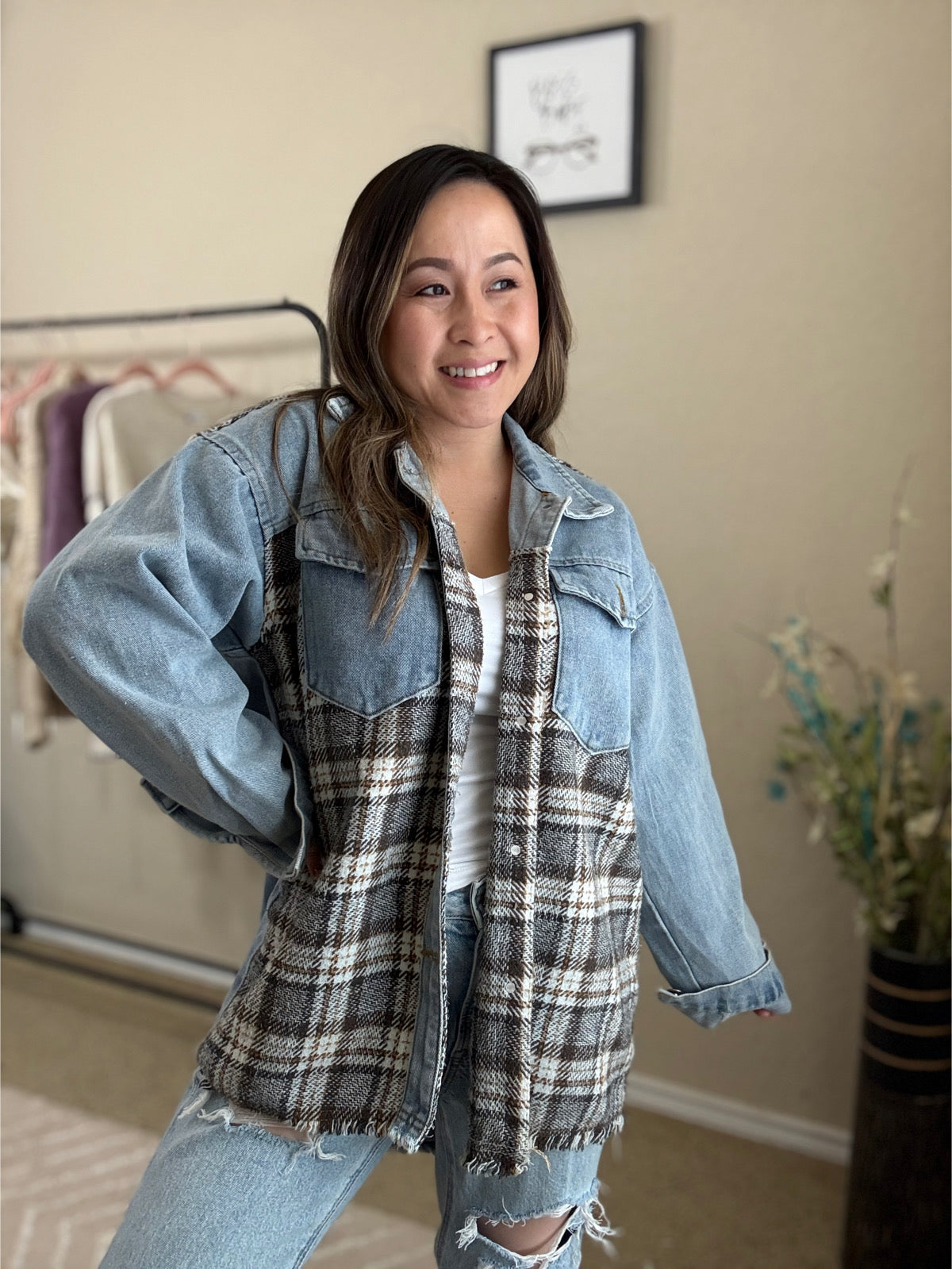 Denimbella Plaid Contrast Denim Jacket