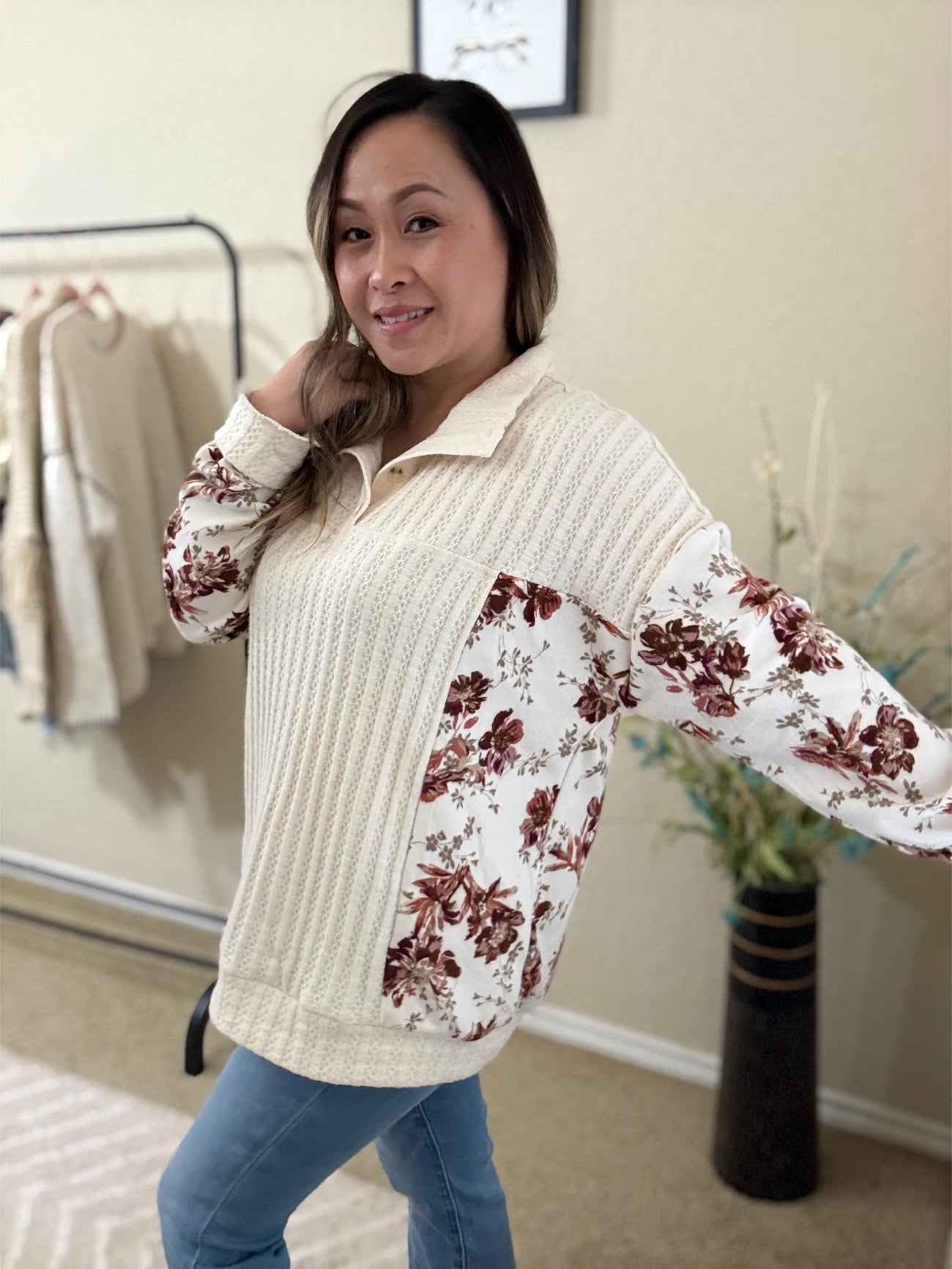 Lela Floral Drop Shoulder Brushed Knit Top with Pockets