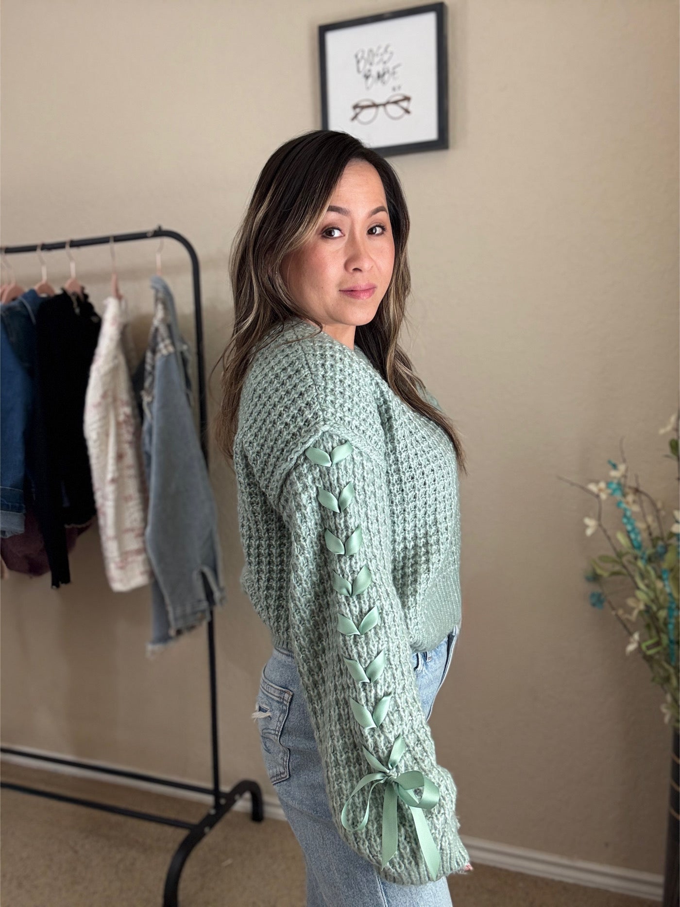 Mint Lace-Up Bow Sleeve Knit Sweater