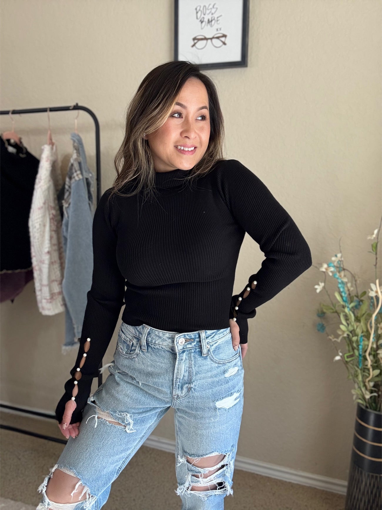 Pearl Sleeve Ribbed Knit Top