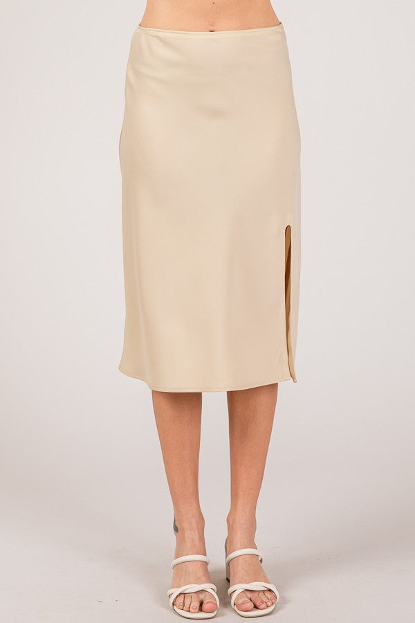 Satin Midi Skirt with Side Slit – Elegant & Versatile