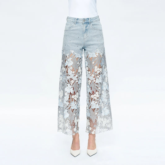 Leslie Blue Lace Patchwork Wide-Leg Denim Jeans – High-Rise, Rhinestone Detail