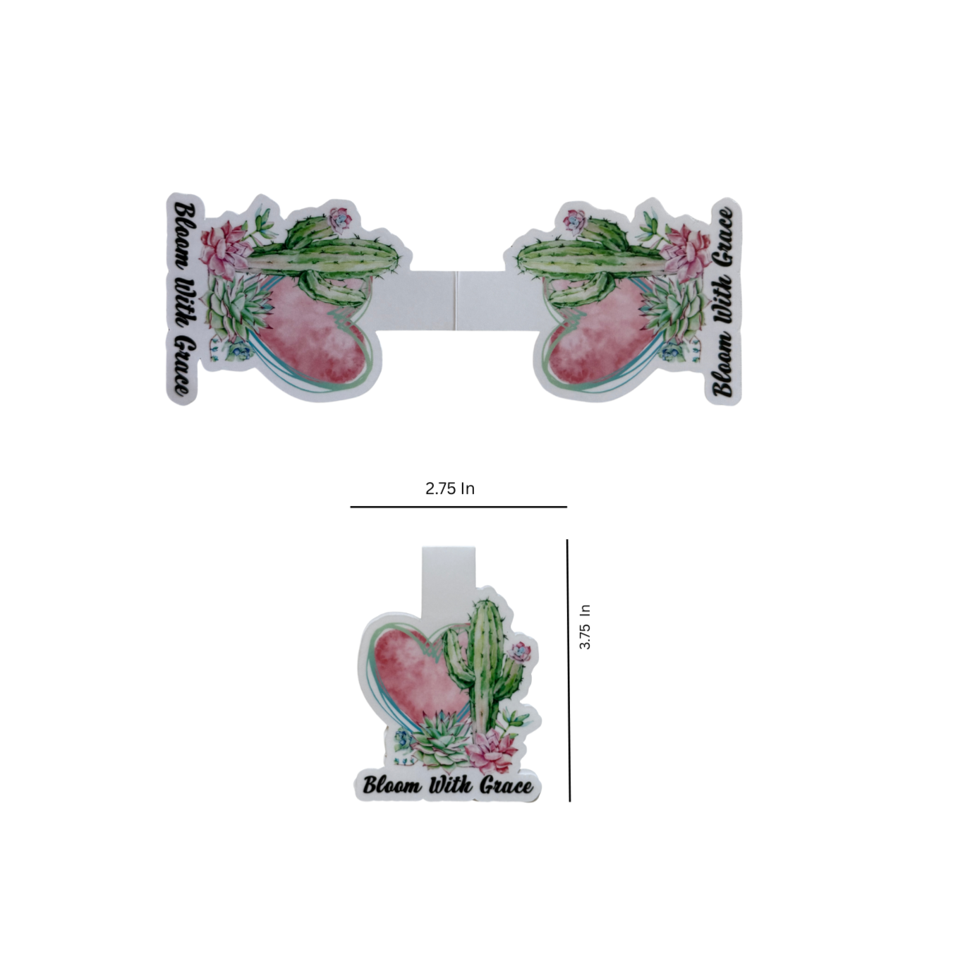 Decorative hair clips with floral design and measurements on a white background