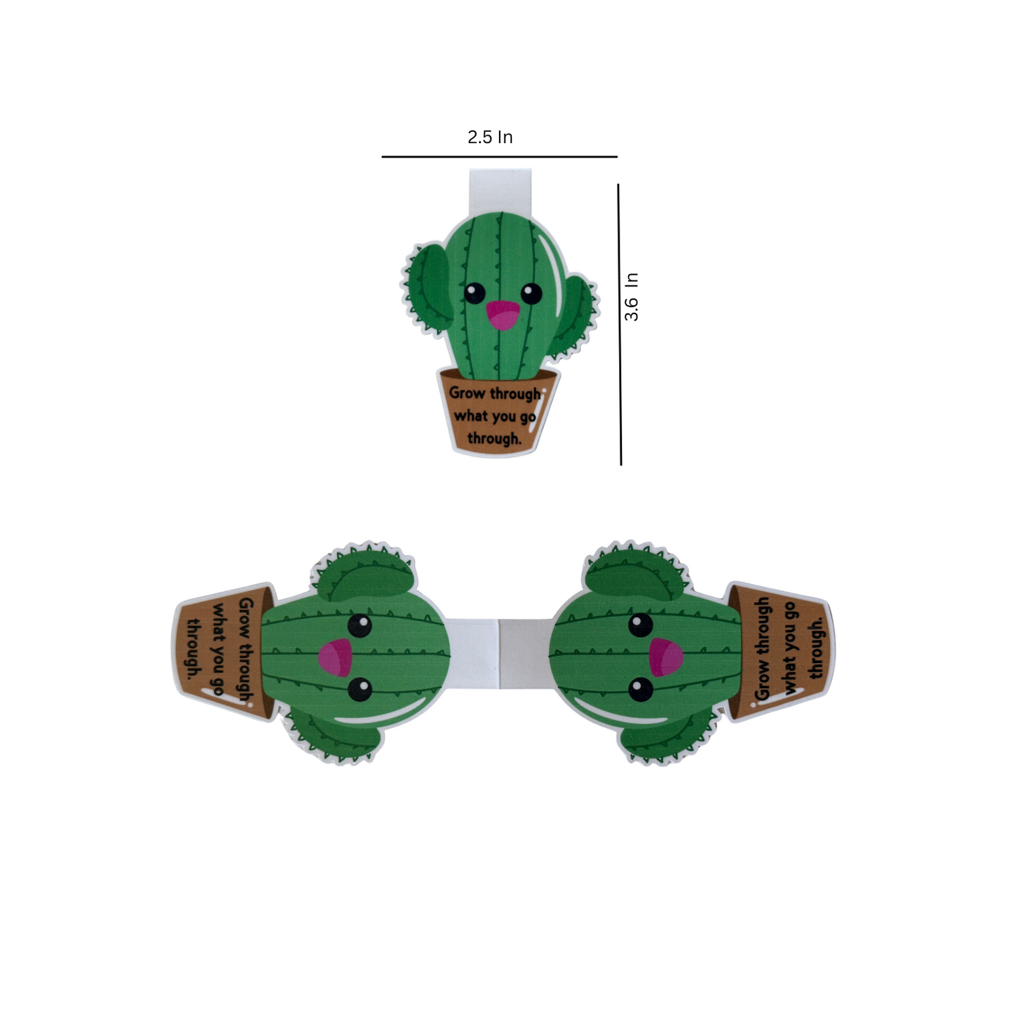 Cactus-shaped hair clips with measurements on a white background