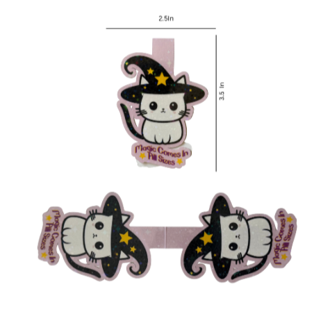 Set of cat-shaped hair clips with Halloween-themed design on a white background