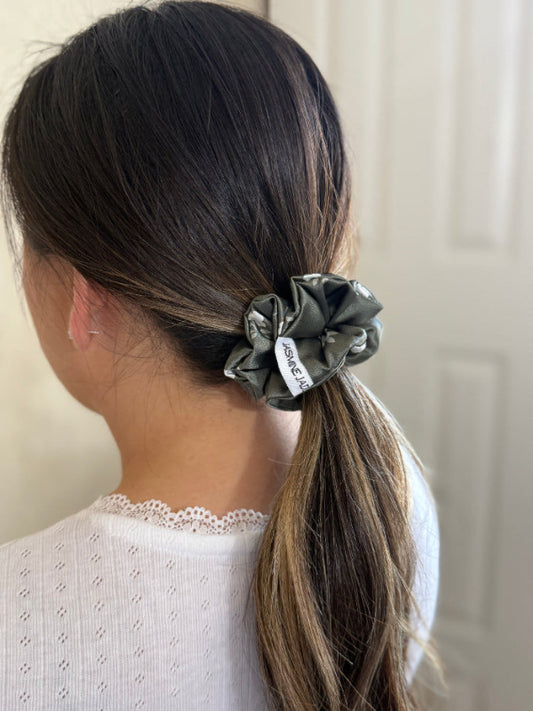 Dark olive green XS satin floral scrunchie designed for normal to thick and long hair, offering a secure and stylish hold.