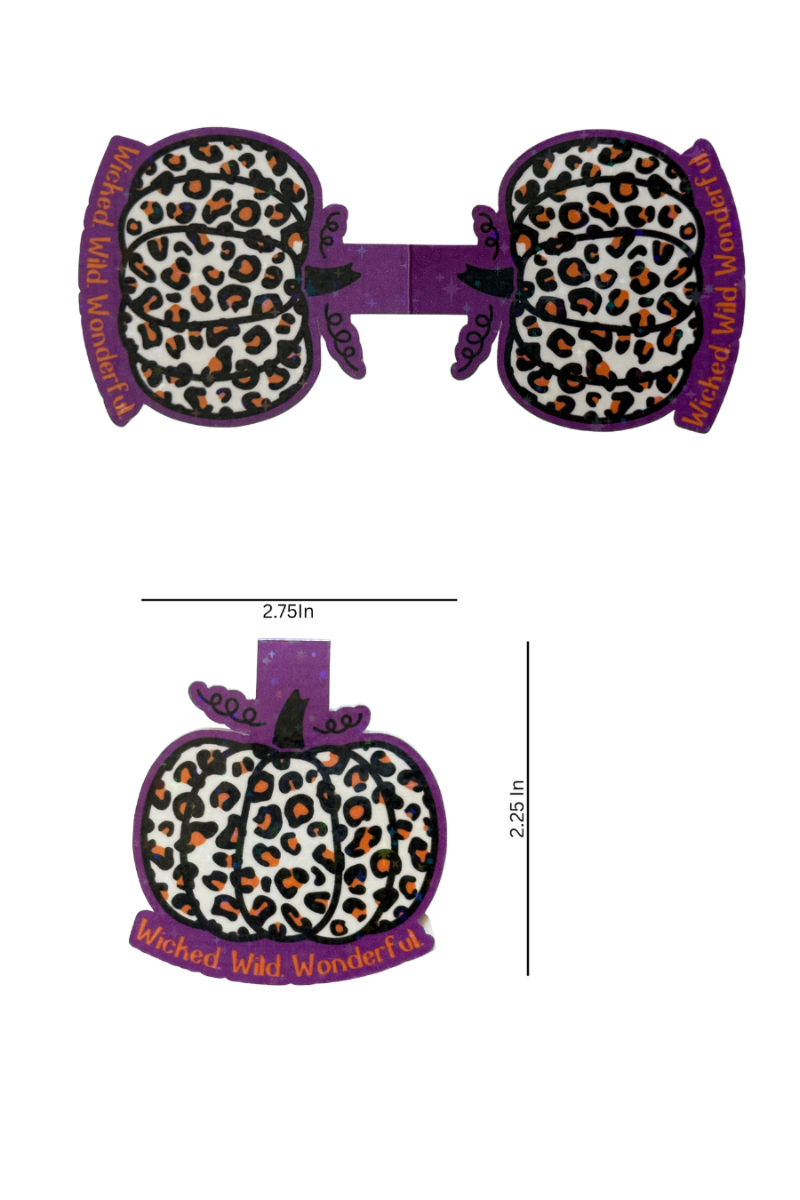 Leopard print sunglasses with purple frame and 'Beachy Wild Monkeys' branding, shown with dimensions on a white background.