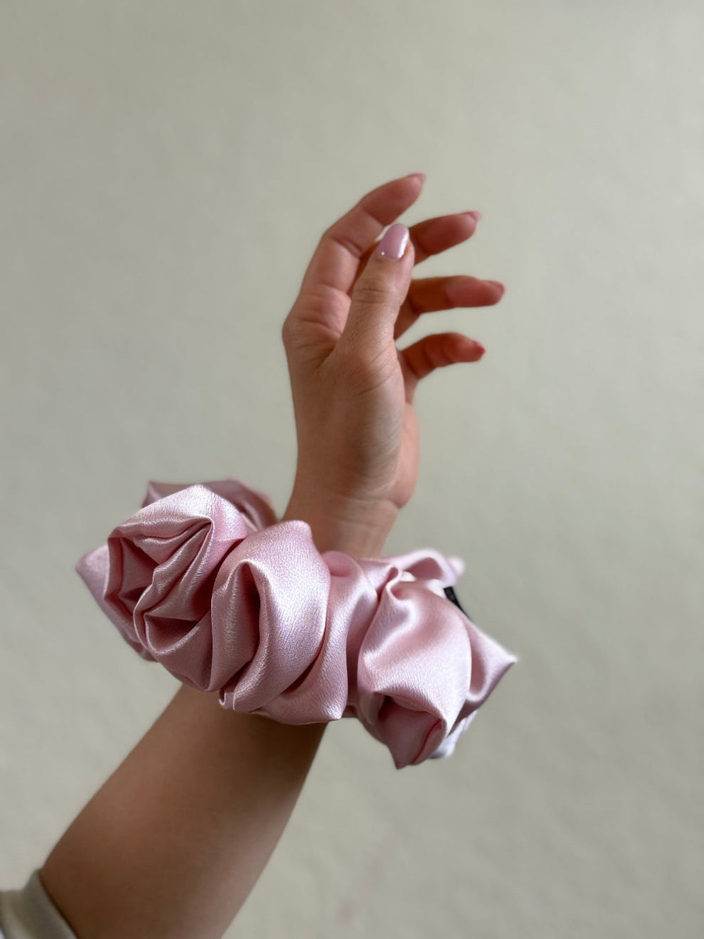 blush xl satin scrunchie in soft blush pink, made from smooth satin and designed for thick or long hair with a gentle, crease-free hold.