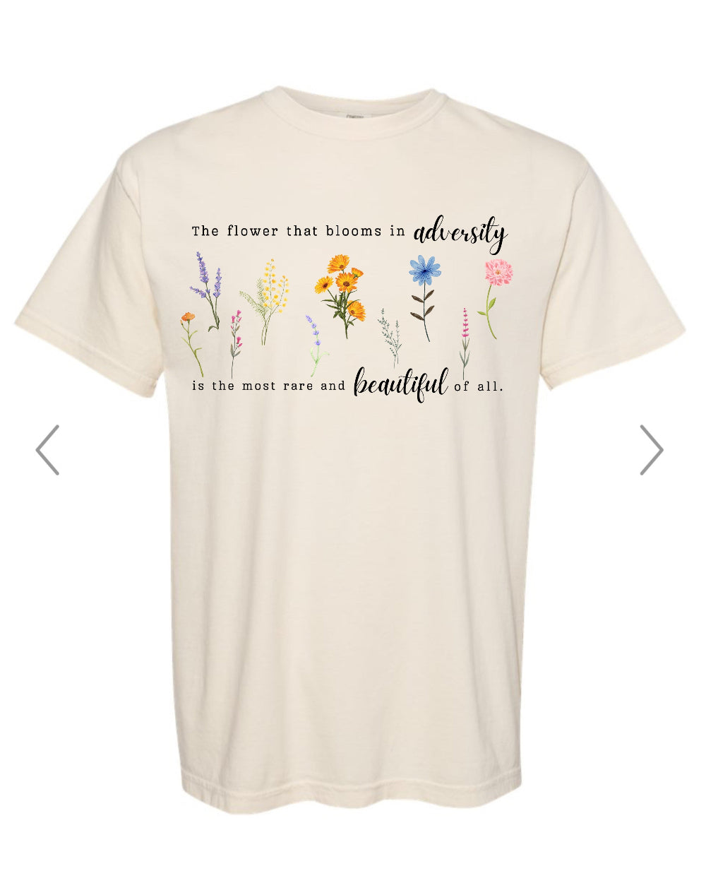 Beige t-shirt with floral design and text on a white background