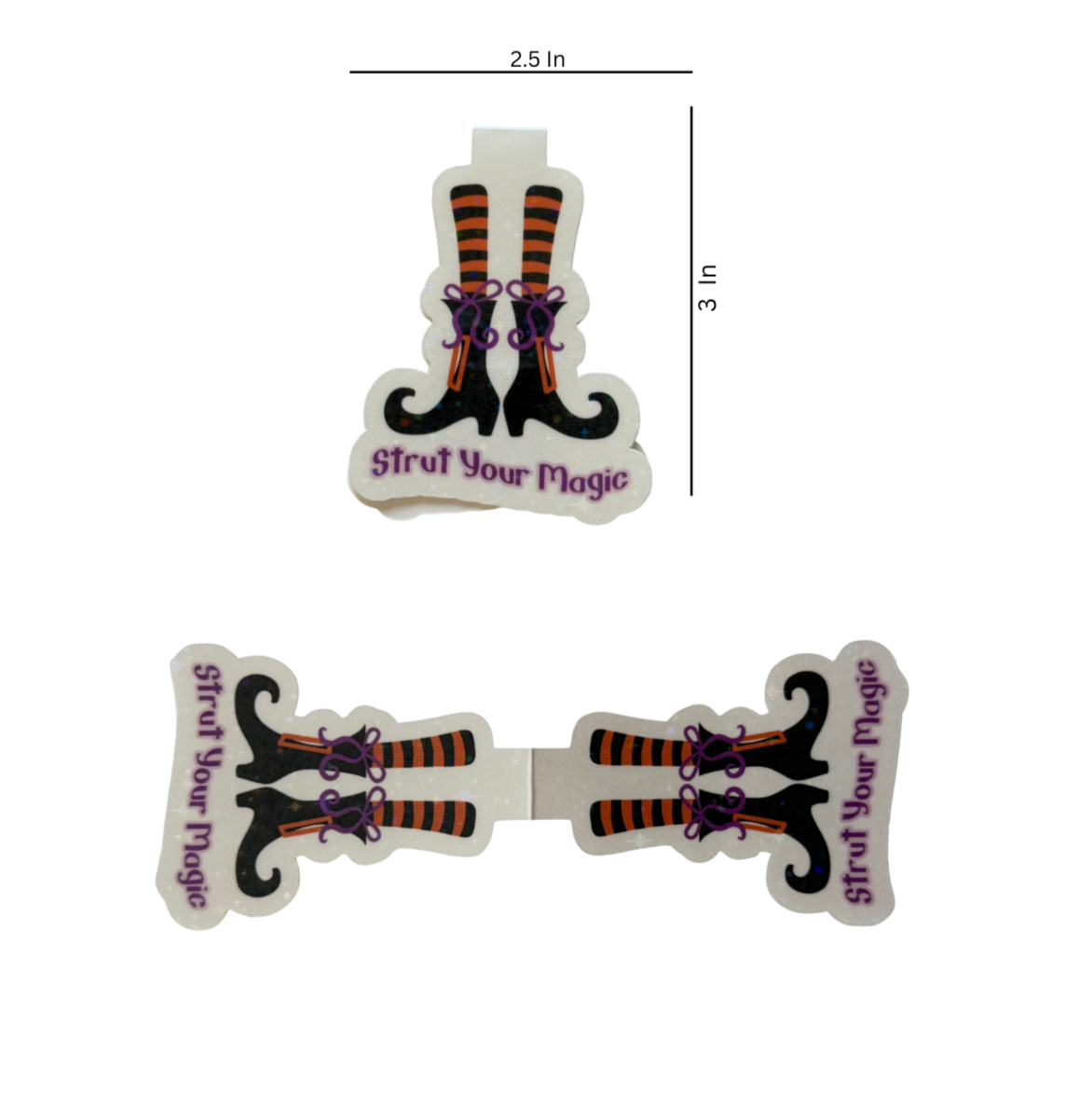 Pair of witch legs with striped socks and 'Strut Your Magic' text on a white background