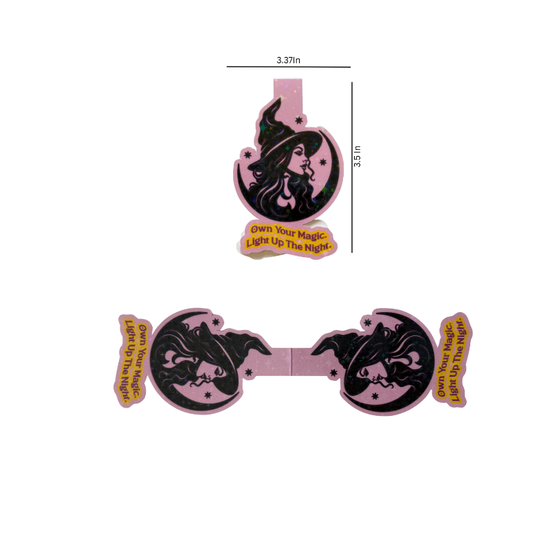 Pink belt buckle with witch design and measurements on a white background