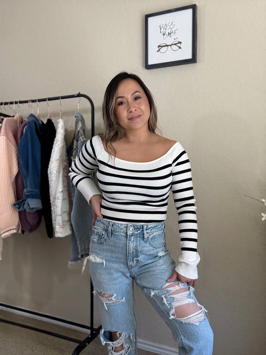 Bella Striped Off-Shoulder Sweater - Black & White