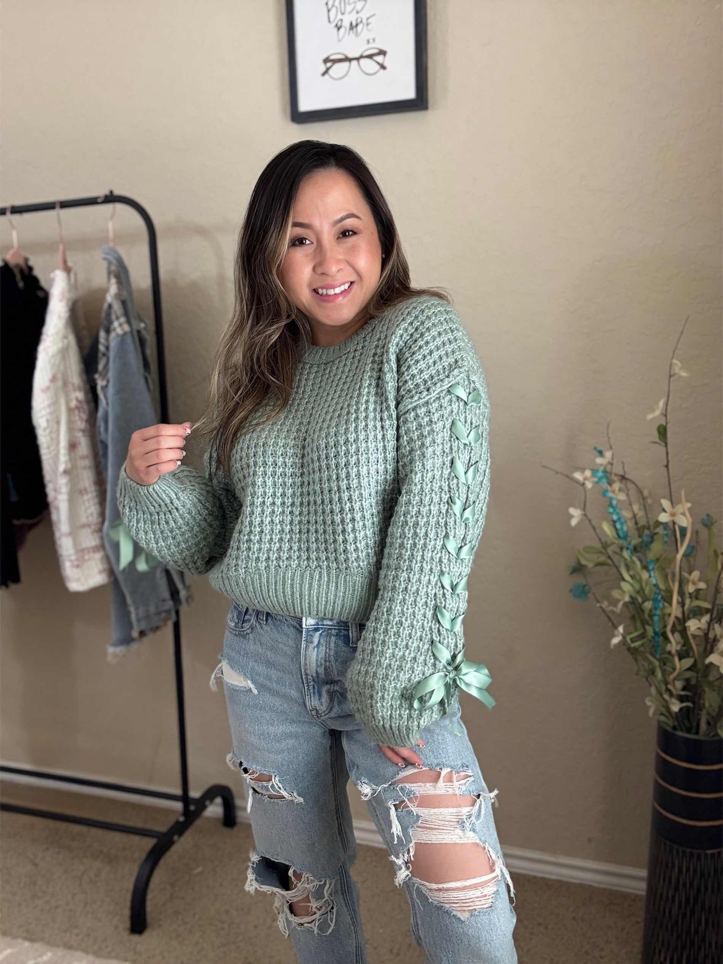 Mint Lace-Up Bow Sleeve Knit Sweater