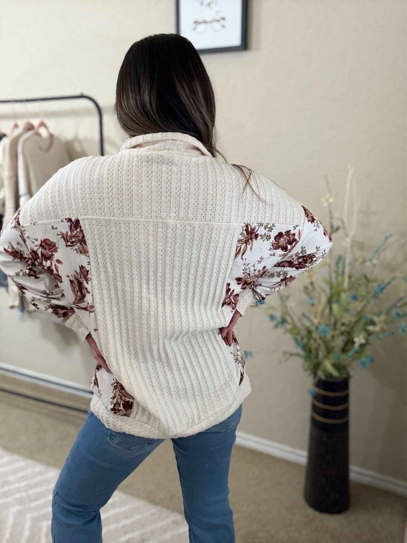 Lela Floral Drop Shoulder Brushed Knit Top with Pockets