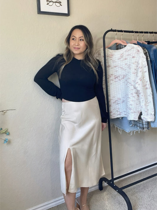 Satin Midi Skirt with Side Slit – Elegant & Versatile