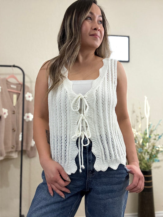 Kiana Scallop Rib Edging V-Neck Tie Front Knitted Vest – Timeless Style