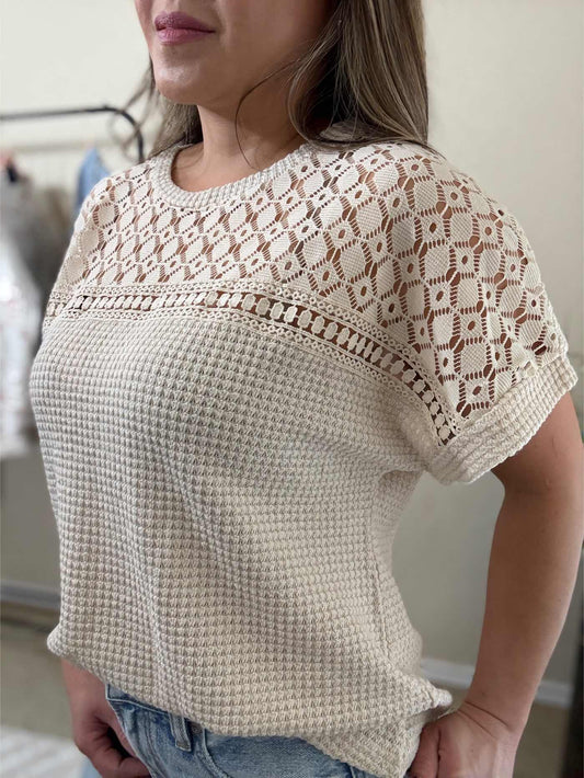 Veilora Lace Yoke Textured Top - Beige
