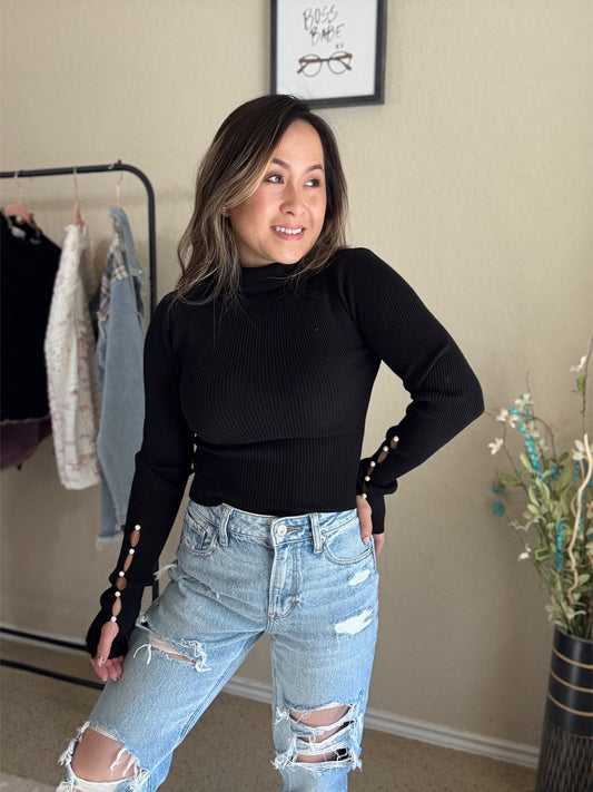 Pearl Sleeve Ribbed Knit Top