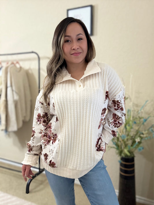 Lela Floral Drop Shoulder Brushed Knit Top with Pockets
