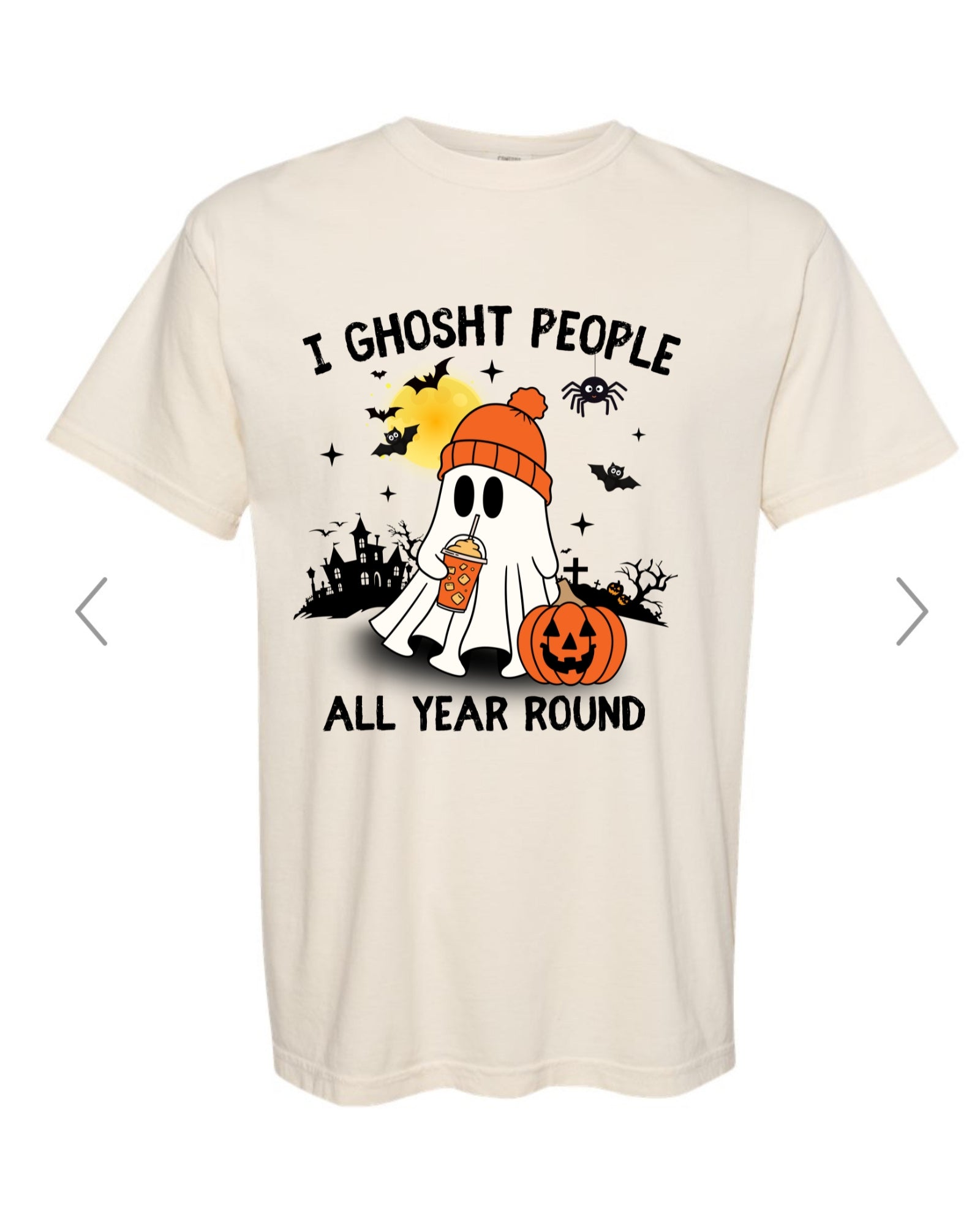 Beige t-shirt with Halloween-themed graphic and text on a white background