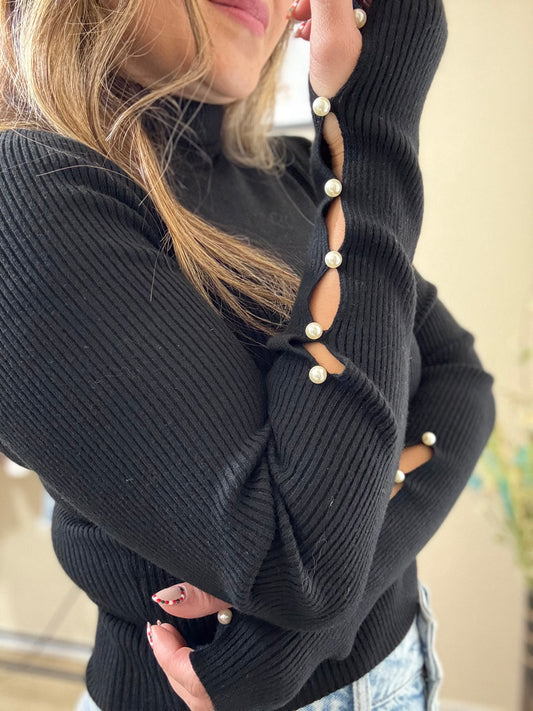 Pearl Sleeve Ribbed Knit Top