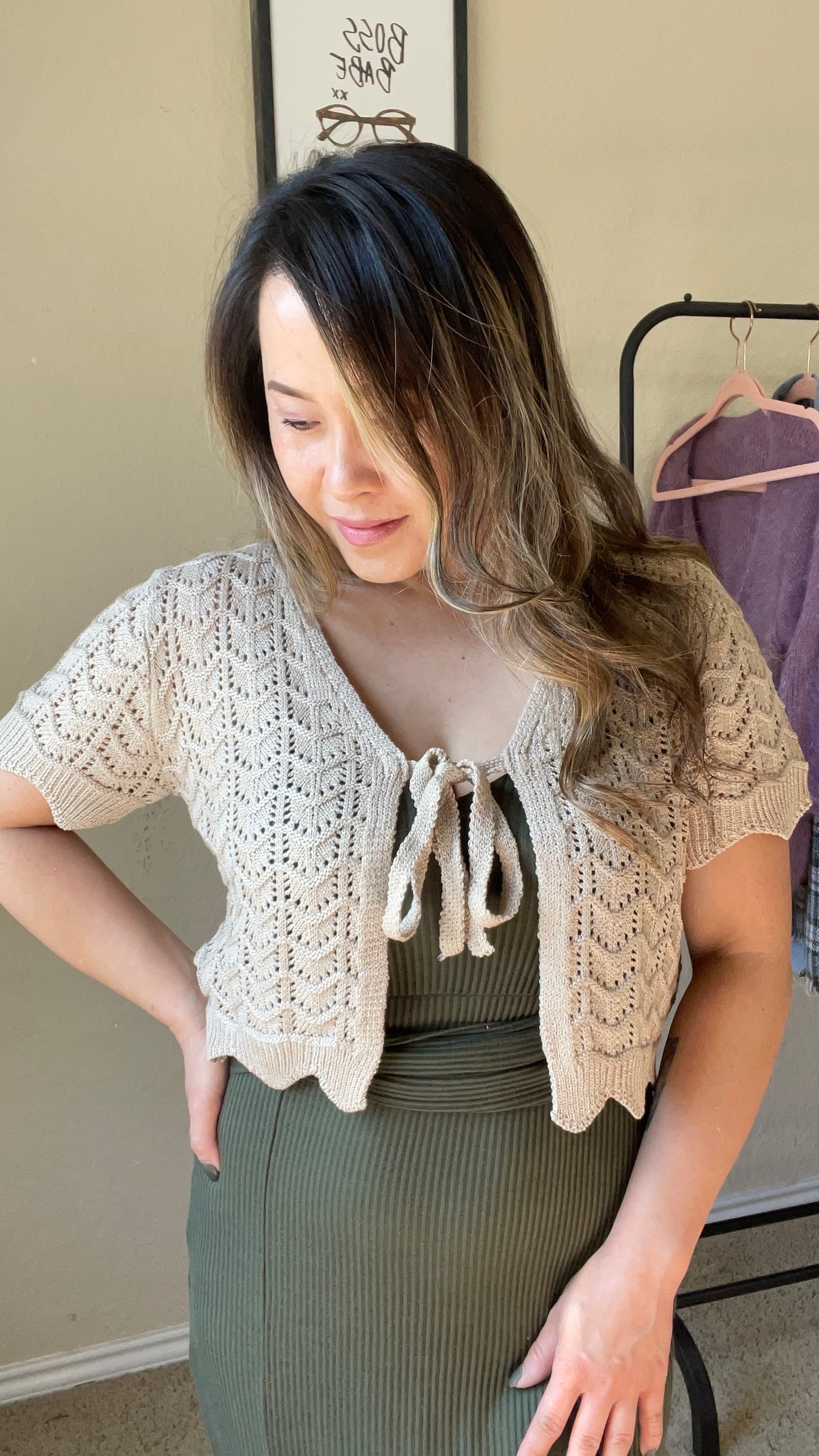 Lacie Crochet Knit Tie-Front Cardigan - Beige