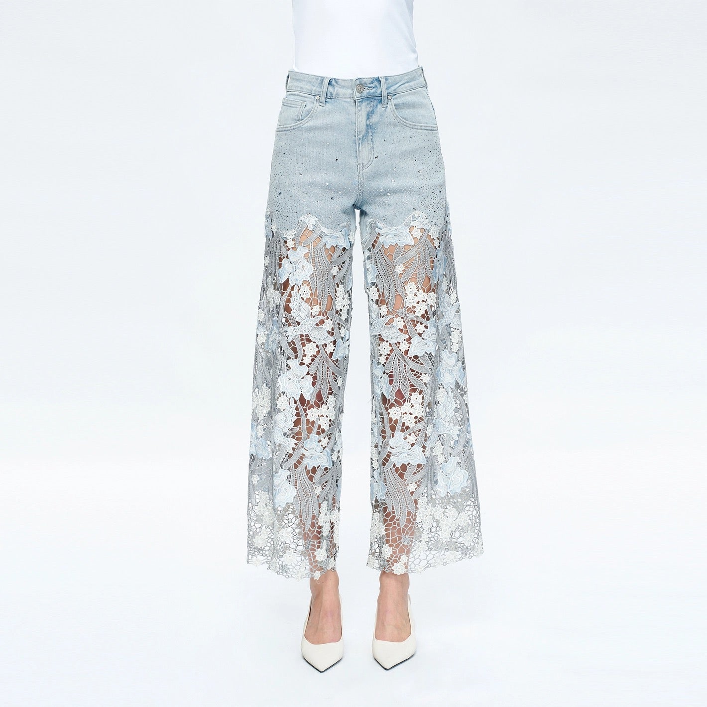 Leslie Blue Lace Patchwork Wide-Leg Denim Jeans – High-Rise, Rhinestone Detail
