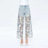 Leslie Blue Lace Patchwork Wide-Leg Denim Jeans – High-Rise, Rhinestone Detail