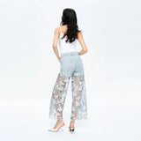 Leslie Blue Lace Patchwork Wide-Leg Denim Jeans – High-Rise, Rhinestone Detail