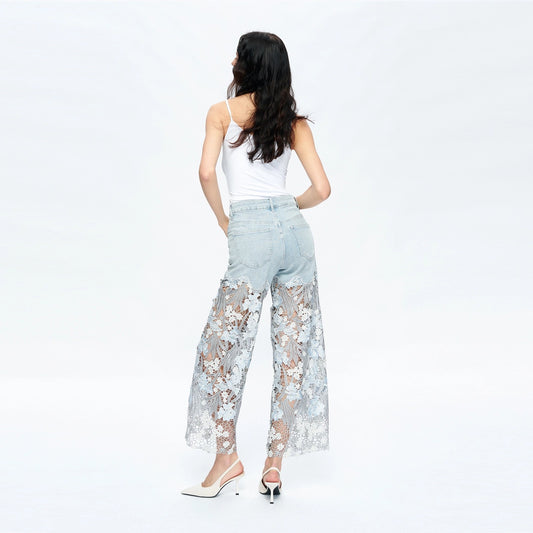 Leslie Blue Lace Patchwork Wide-Leg Denim Jeans – High-Rise, Rhinestone Detail