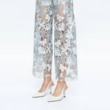 Leslie Blue Lace Patchwork Wide-Leg Denim Jeans – High-Rise, Rhinestone Detail