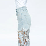 Leslie Blue Lace Patchwork Wide-Leg Denim Jeans – High-Rise, Rhinestone Detail