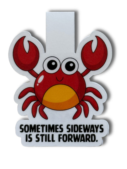 Cartoon crab with a humorous quote on a white background