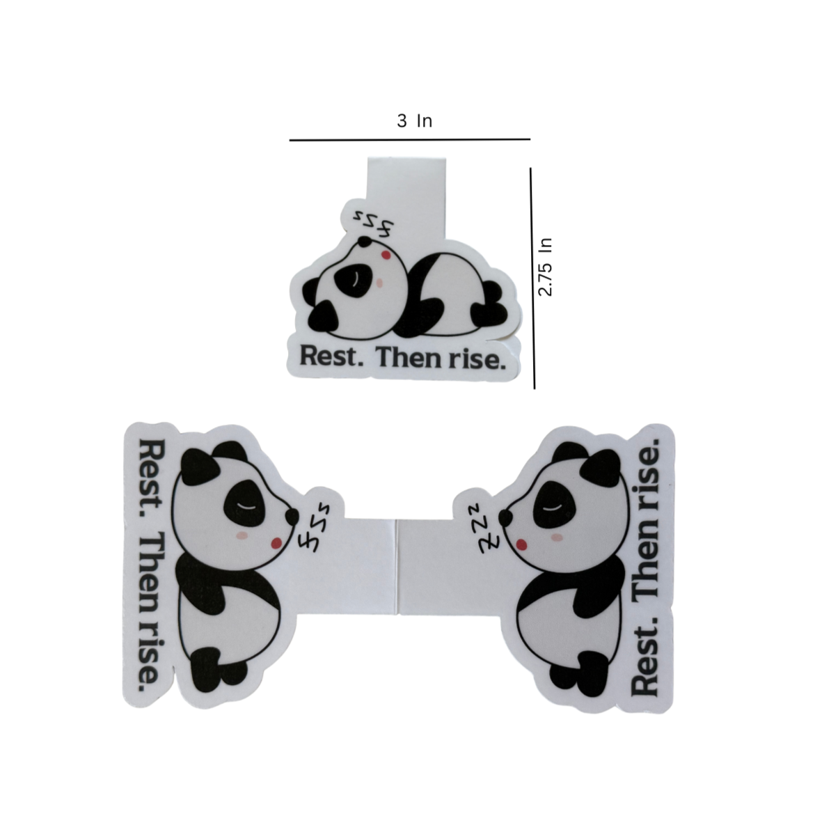 Two panda-shaped bookmarks with measurement labels on a white background