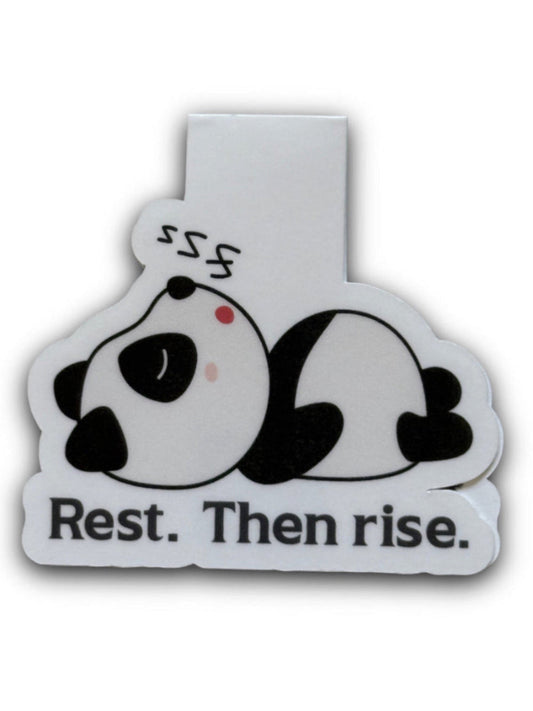 Sticker with a panda and text 'Rest. Then rise.' on a white background