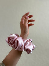 blush xl satin scrunchie in soft blush pink, made from smooth satin and designed for thick or long hair with a gentle, crease-free hold.