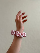 blush XS satin scrunchie in blush pink, designed for fine or short hair, offering a gentle, crease-free hold and soft elegant look.
